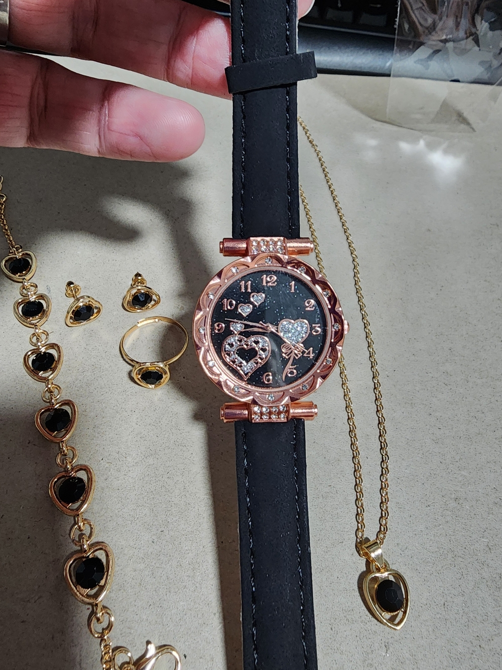 Elegant Rose Gold Heart Dial Watch with Black Strap
